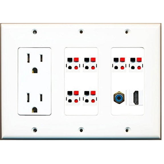 RiteAV - (3 Gang 15A Power Outlet HDMI RCA Blue 6 Speaker Jack Wall Plate White