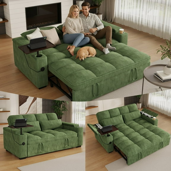 65" Sofa Bed, Loveseat 3-in-1 Sleeper Sofa with Pull Out Bed, 360° Swivel Side Table and USB, 2 Seater Convertible Small Couch for Living Room Apartment (Green, Corduroy)