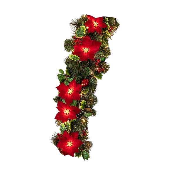 4.9ft Glowing Red Flower Vine, Artificial Garland Ornament, Pre-lit Festive Floral Accent, Front Door Decor for Christmas Tree Wall Mantel