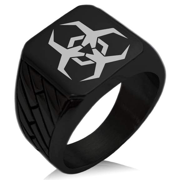 Stainless Steel Biohazard Malware Geometric Pattern Biker Style Polished Ring