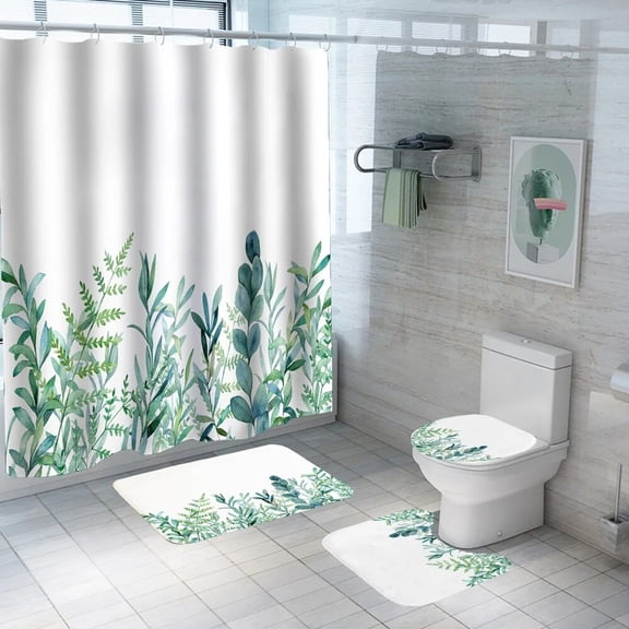 Eucalyptus Leaves Floral Shower Curtain Sets Spring Flower Butterfly Plant Bathroom Curtains Non-Slip Bath Mat Rug Toilet Cover