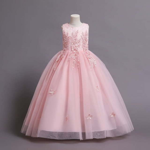 Vestido de niña de las flores Vestido de princesa con cintura de mariposa sin mangas para niña Vestido de novia largo de malla hinchada para niña