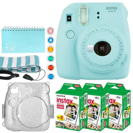 File 800 Series Full Radius Fujifilm Instax Mini 9 Instant Camera (Ice Blue) + Fujifilm Instax Mini Twin Pack Instant Film (60 Exposures) + Glitter Hard Case + Scrapbooking Album + Colored Lens Filters + Neck Strap – Full Kit ()
