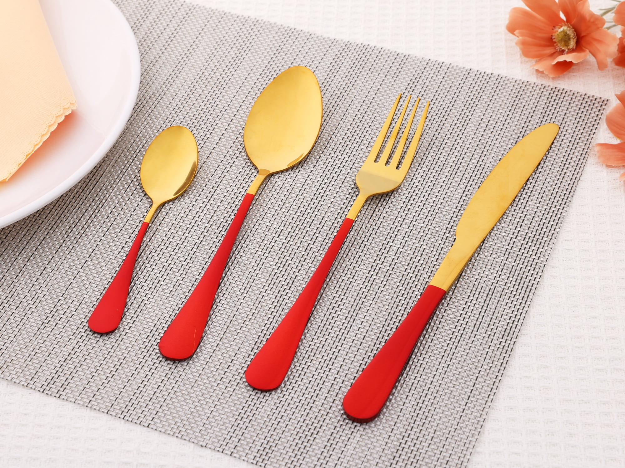Unique Bargains Flatware Set Stainless Steel Silverware Red 4 Pcs