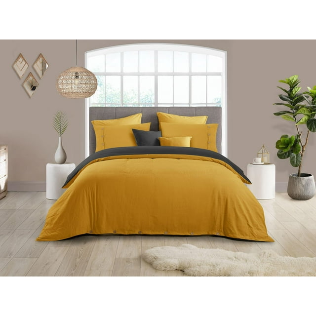 Reversible Natural Crinkle Fabric Ultra Soft Solid Duvet Cover Set - Beautiful Button Closure