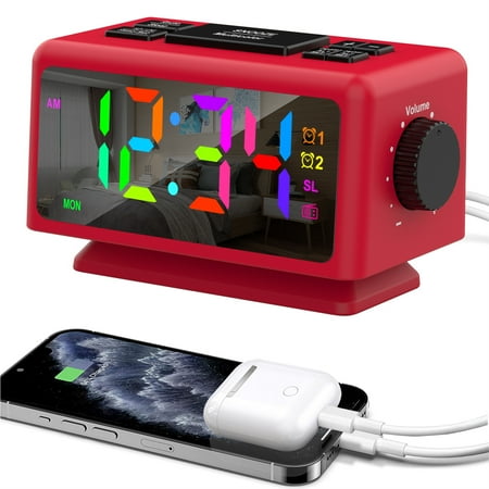 Alarm clock,With 7 Wall Room And 4 Color Usb Output Clock With Week Display 70 Alarm Clock 70 Channel Radio Color 5'' Dimmable Display With Snooze Date Led Display 7 Colors Radio Dual Usb Red