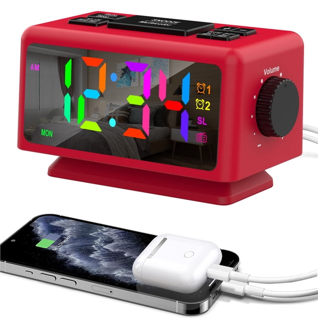 Colorful Digital Alarm Clock with 7 Colors and 4 Color Changing 5'' Dimmable Large LED Display with Dual Alarm Snooze Date Week Display 70 Channel Radio Dual USB Output Modern Decor for Desk