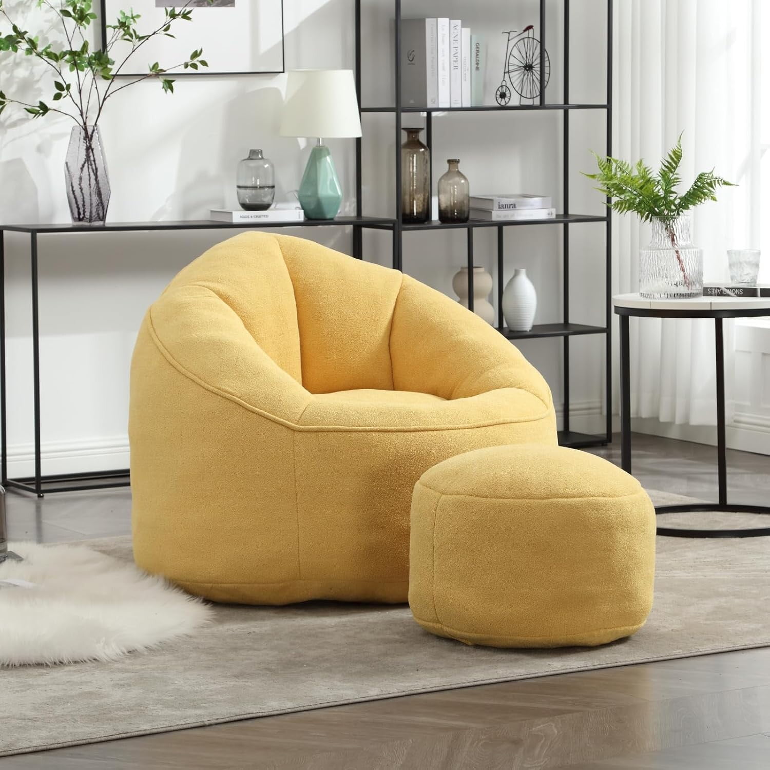 Bean Bag Chair for Adult,Microfiber Upholstered Sofa with Footstool Shell-Shaped Memory Foam Stuffed Lazy Sofa