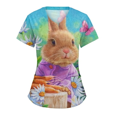 

Women Comfotable Cartoon Animals Printing Short Sleeve V-Neck Holiday Cute Working Scrubs Top Blouse Tops With Pockets Female Clothes