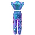 thumbnail image 4 of Haitryli Kids Girls Sparkly Metallic Hip-Hop Jazz Dance Outfit Mesh Patchwork Crop Top and Cargo Pants Set Blue 14, 4 of 6