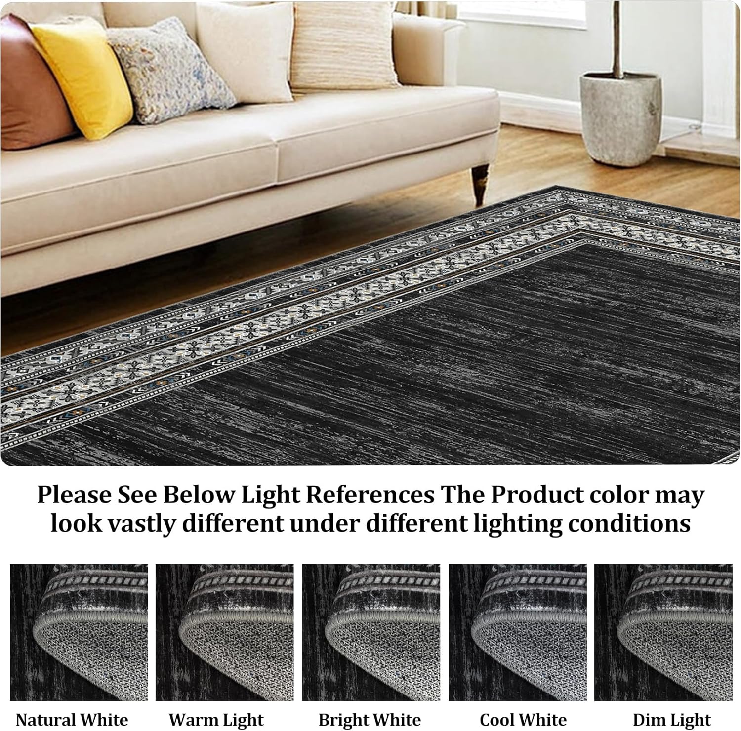 Memoryfield 9'x12' Area Rug, Modern Bordered Washable Rugs Soft Foldable Accent Rugs for Indoor Living Room Bedroom, Black