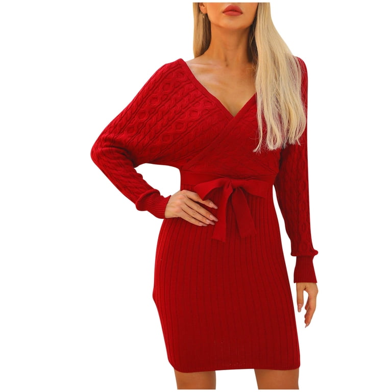 RYDCOT Womens Fall Winter Dresses Wrap V Neck Cable Knit Sweater Dress Long  Sleeve Bodycon Pullover Dress with Belt Flash&nbsp;Deals - Walmart.com