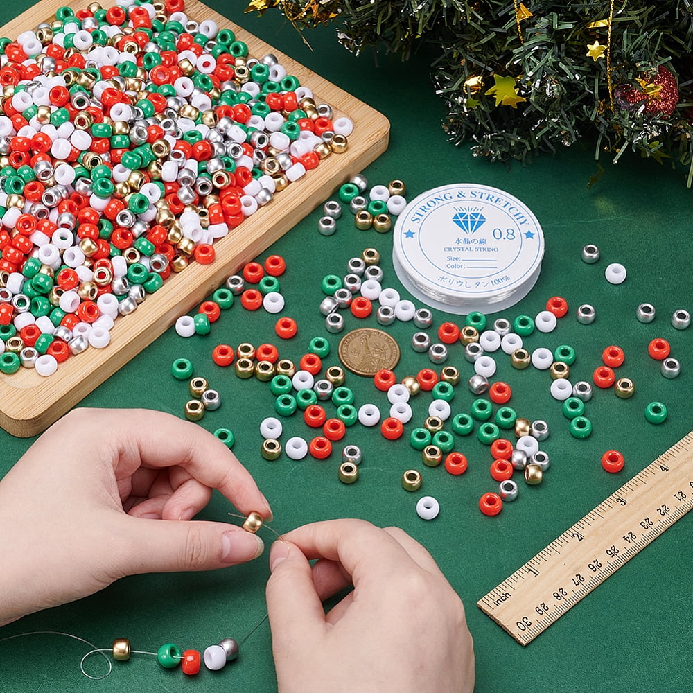 1500 Pcs Christmas Plastic Pony Beads Red Green White Silver Gold Tiny Pony Beads with 8.2 Yards/7.5m Elastic Thread