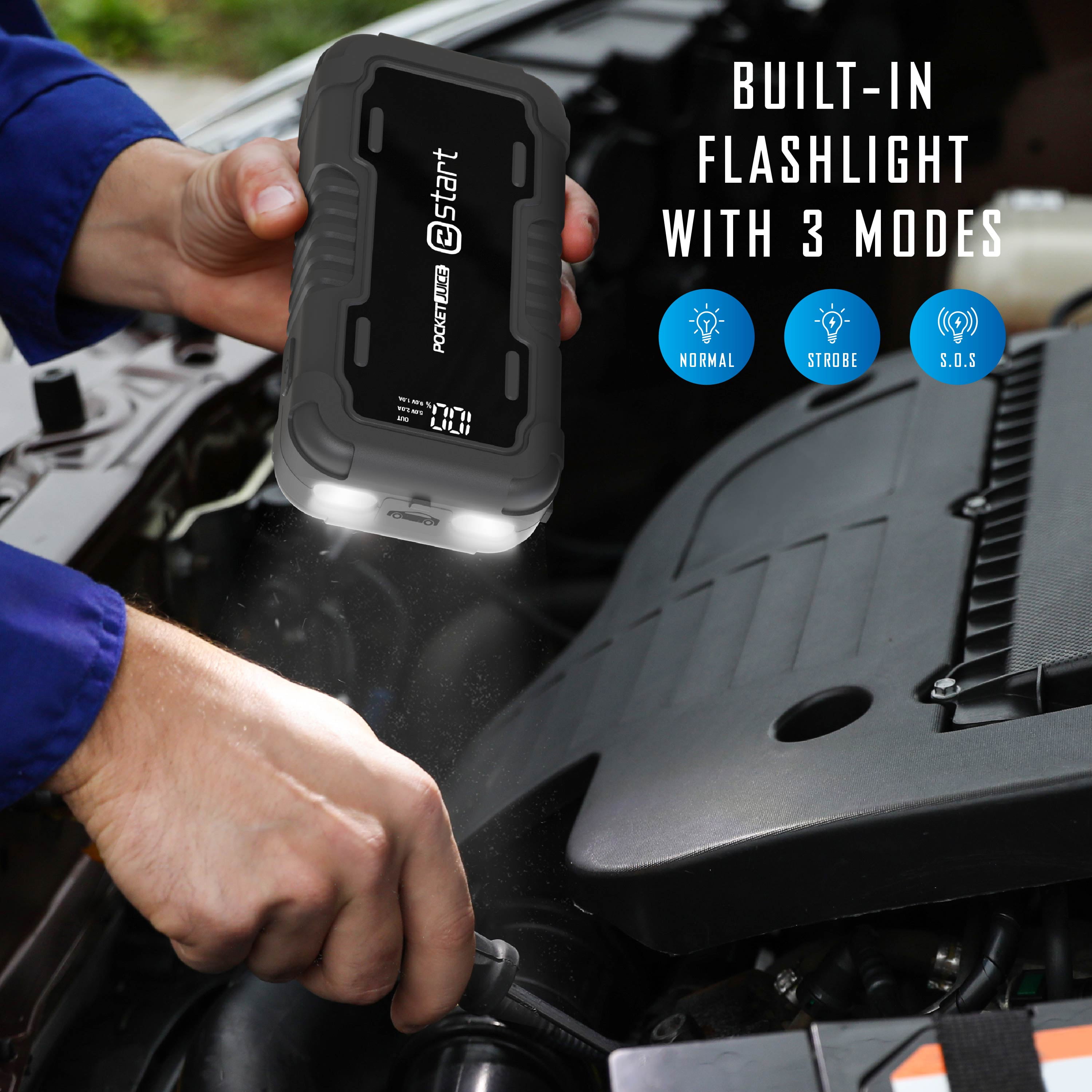 Pocket Juice E Start 2000A Car Jump Starter and Portable Power Bank with Dual USB Ports, 12V