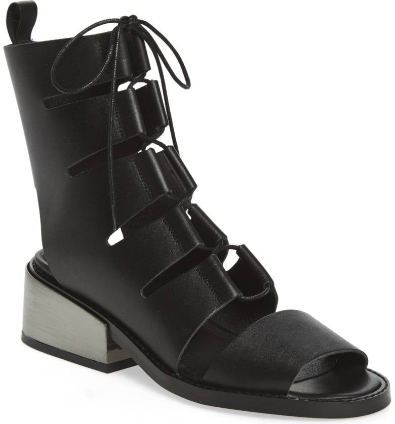 SHELLYS LONDON Crozet Black Leather Tall Lace-Up Sandal Cut-out Chik Bootie 