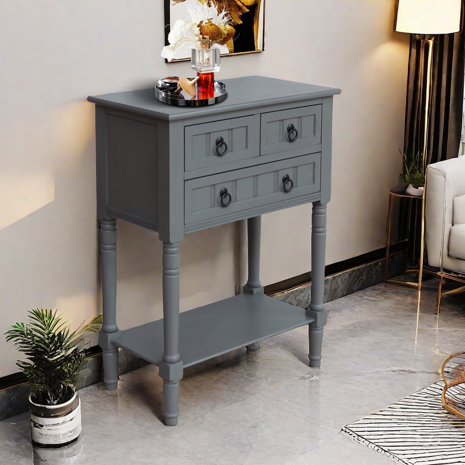 Entryway Table with Storage, Rustic Small Console Table w/ 3 Drawers & Open Bottom Shelf, Skinny Wood Console Table, Narrow Sofa Side Table for Living Room, Foyer, Entry Table, Vendee Gray