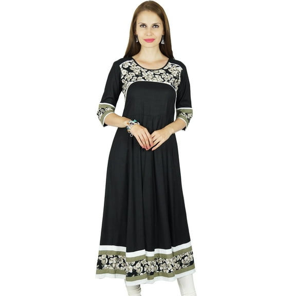 Bimba Women Black Long Flaired Anarkali Kurti Rayon Kurta Indian Ethnic Formal Blouse