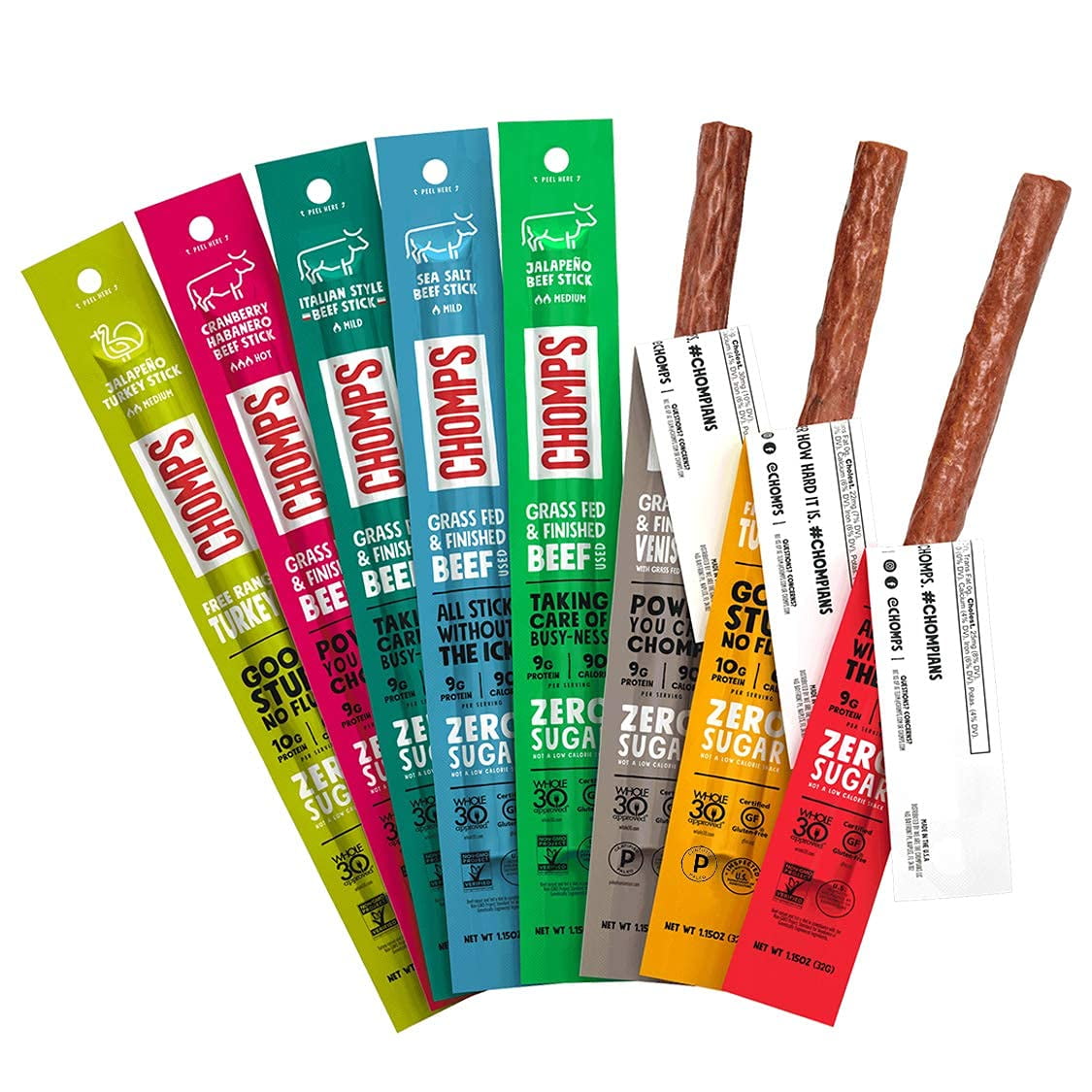 Chomps Variety Trial Pack, Grass Fed and Free Range Beef, chicken & Turkey Sticks, 8 Flavor Pack - Keto, Paleo, Whole30