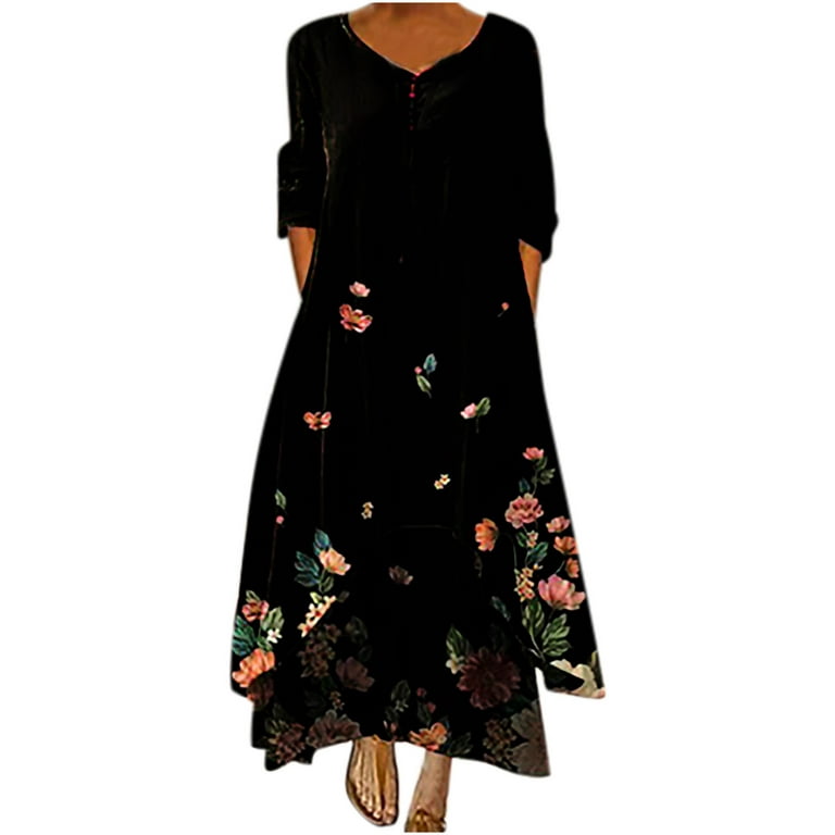 Fesfesfes Clearance Women Casual Long Sleeve Dress V-Neck Floral