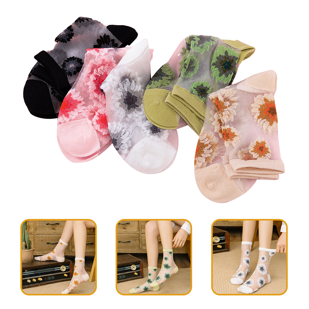 5 Pairs Women Sheer Socks Summer Transparent Thin Mesh Lace Flowers ...