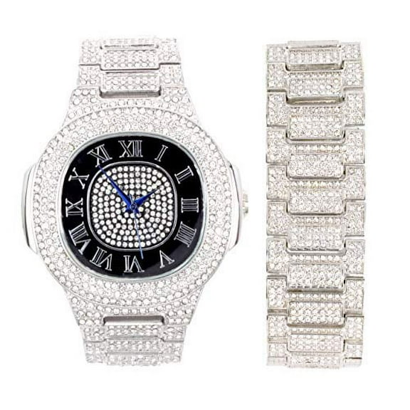 Blinged Out Oblong Case Metal Mens Watch w/Matching Blinged Out Bracelet Set - 8475BM (ST10235SD-Silver/Black)