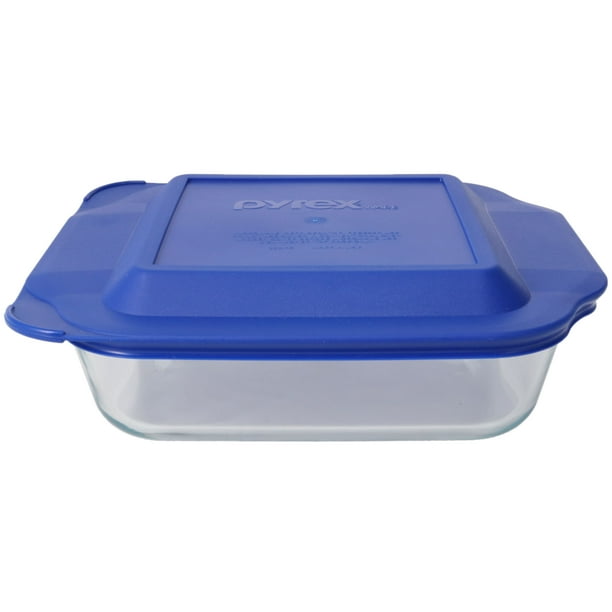 Pyrex 222 Square Glass Baking Dish w/ 222PC Blue Plastic Lid Cover
