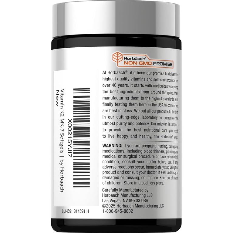 Horbaach Vitamin K2 D3 Softgel Capsules, 180 Count, Calcium