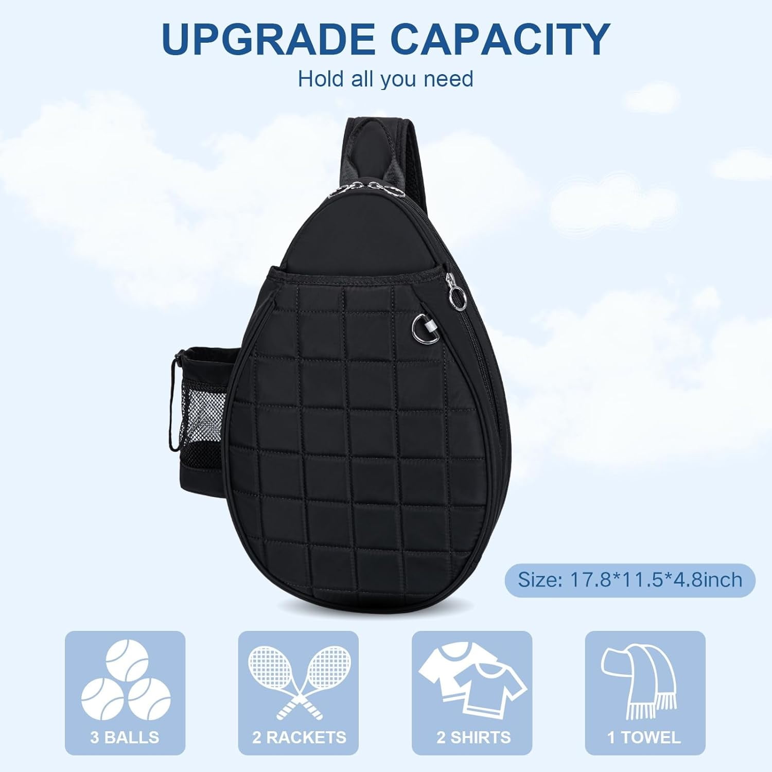 Quilted Tennis Backpack for 2 Rackets, Slim & Lightweight Waterproof Sling Bag for Tennis, Pickleball, Padel, Crossbody Sport Bag for Men & Women