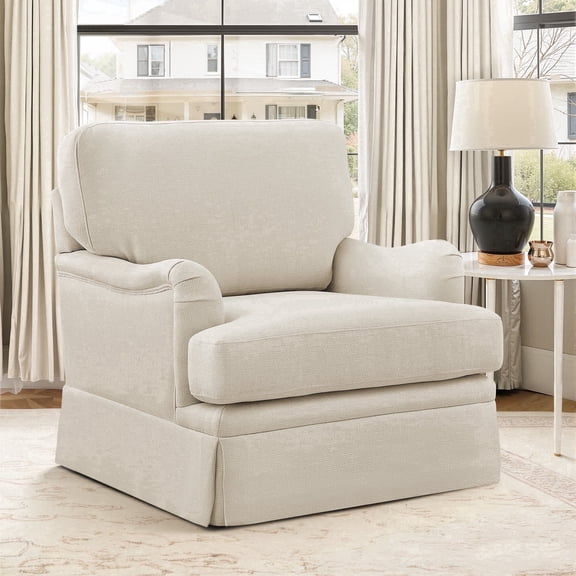 Carolayne 360°Swivel Armchair, Upholstered Chenille Accent Chair with Skirted Base for Living Room, Cozy Small Spaces Sofa Chair Bedroom Seat, Linen Beige Color