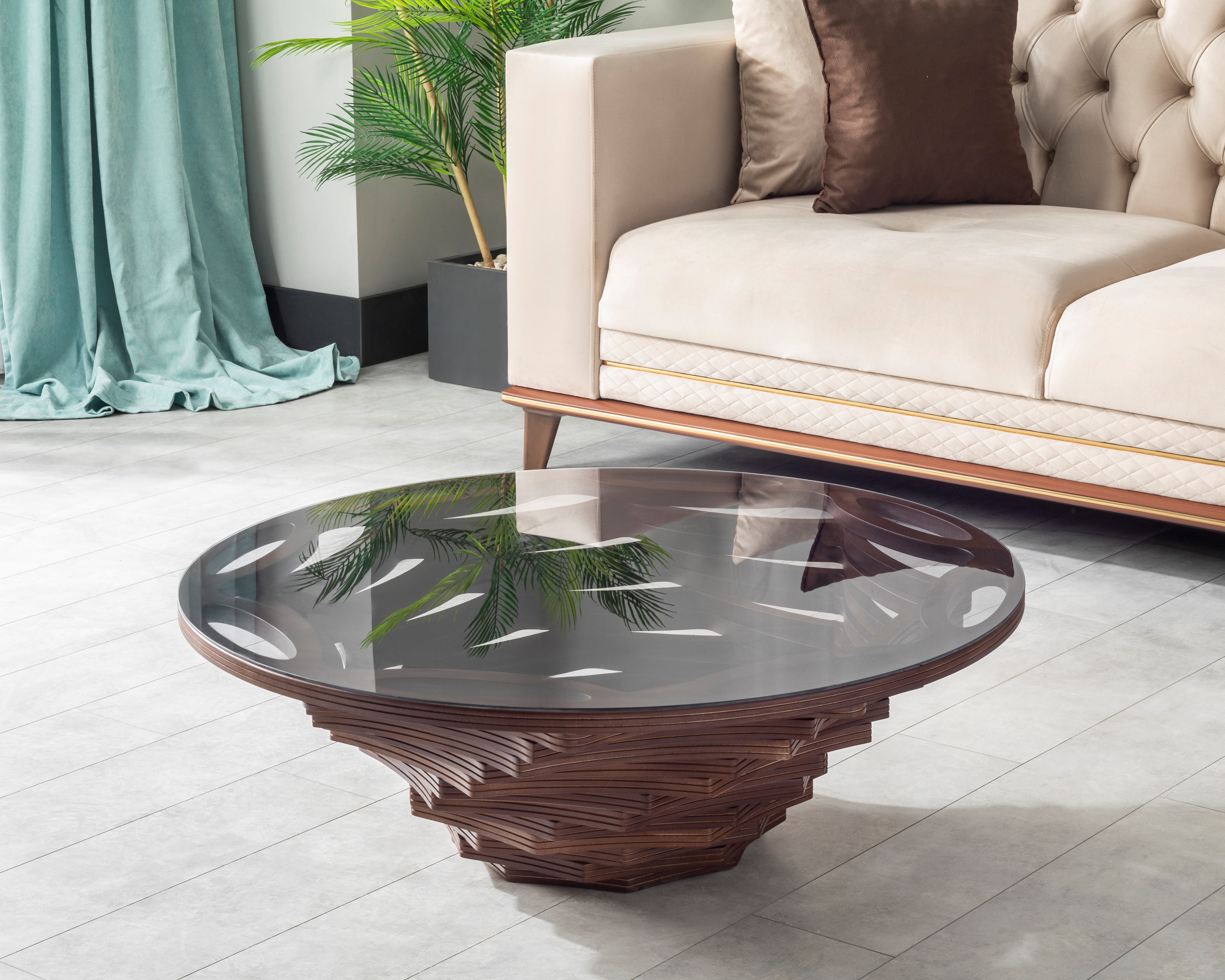 Papella Model Nazar Brown Wooden Coffee Table with Glass Rustic Table