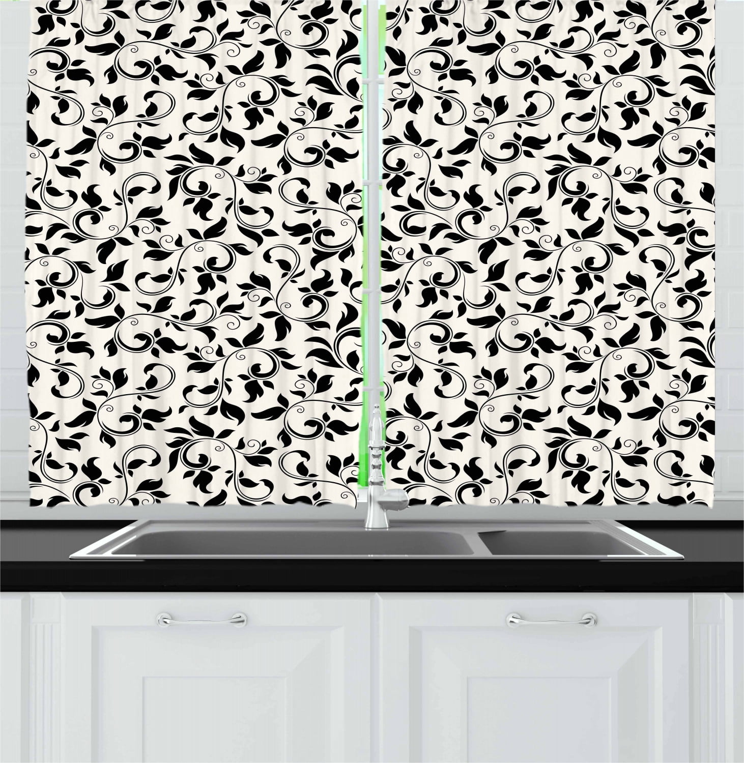 Leaf Curtains 2 Panels Set, Black and White Pattern with Swirled Skinny ...