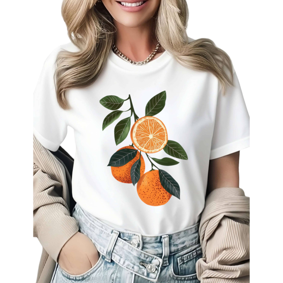 Orange & Leaf Cluster Graphic Tees Womans T shirt Black/White S-5XL Shirts Casual Daily Tops