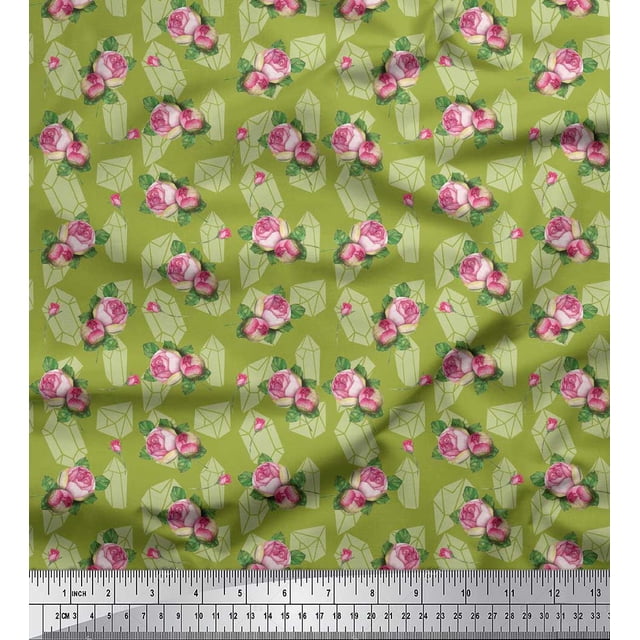 Soimoi Vert Tissu Popeline de Coton Feuilles & Roses Grandiflora Tissu Imprimé Floral par la Cour 56 Pouces de Large