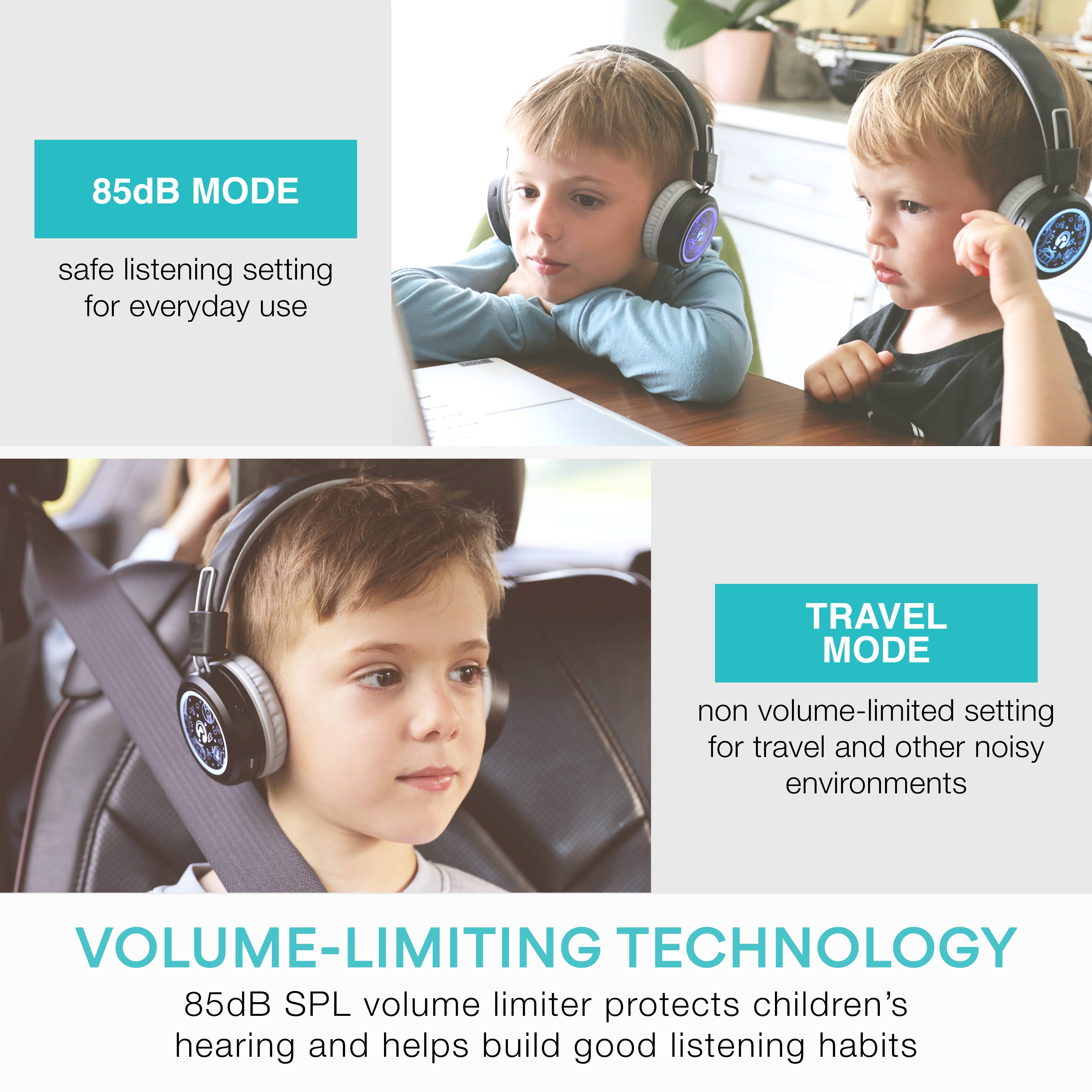 MEE audio 2-Pack of KidJamz Bluetooth Wireless Headphones for Kids w/ Multipoint, LED Lights, 40h battery; Mic; Children's Headset for School/Classroom/Online Learning (KJ55BT-S, 2 PACK)