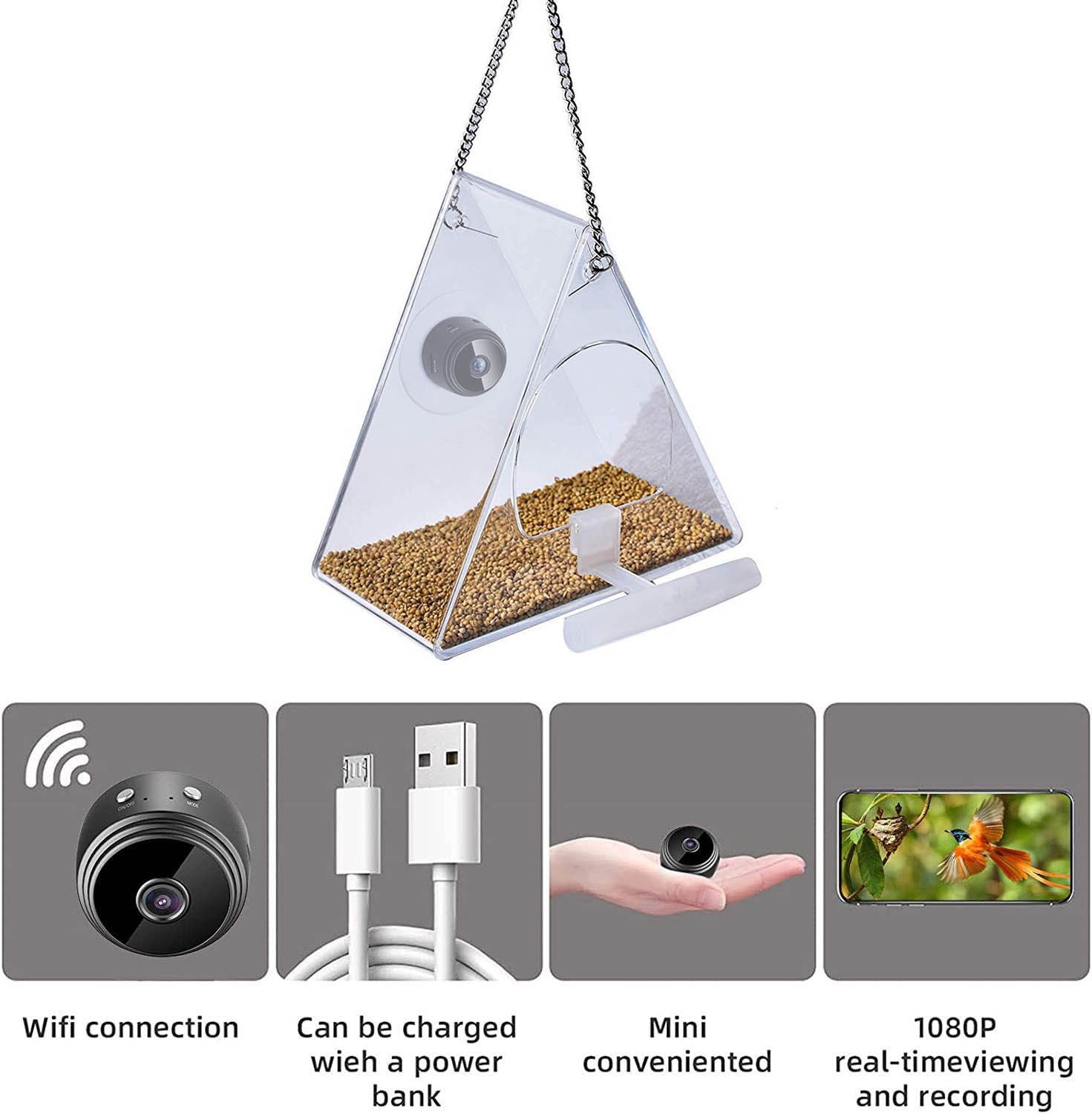 LACKUST Bird Feeders Outdoor Clearance,HD 1080P Bird Feeder Camera with Night Vision and WiFi for Outdoor Bird Watching and Photo Capture,Clear