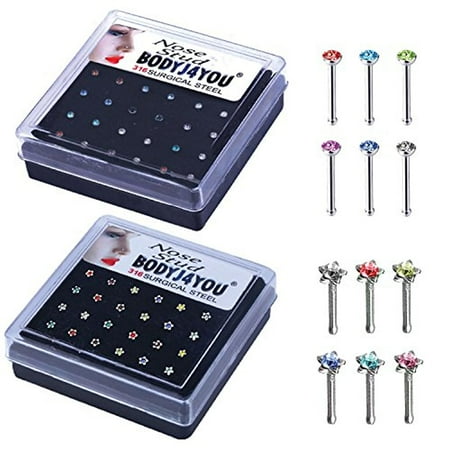 BodyJ4You 48PCS Nose Ring Bone Stud Screw Round CZ 20G Star Surgical Steel Nostril Piercing (Best Nose Rings That Don T Fall Out)