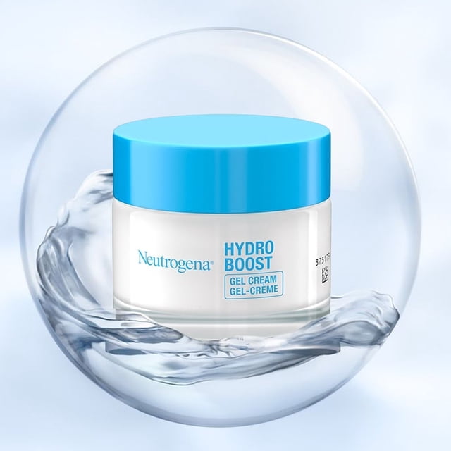 crema en gel neutrogena hydro boost 50 ml, para piel seca, larga duración 72 h, ácido hialurónico, sin aceite ni fragancia, hidratada y luminosa. Frontal centrado de un tarro blanco con tapa azul y etiqueta «Hydro Boost Gel Cream» dentro de una burbuja sobre fondo azul claro; especificado como 2 x 50 ml en la ficha, a menudo usado antes del maquillaje para piel seca.