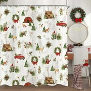 Newhomestyle Christmas Shower Curtain, Red Retro Truck Carrying Xmas Tree Fox and Squirrel Pine Nut Vintage Farmhouse Style Illustration Bathroom Shower Curtains Decor 72x 72 Inches