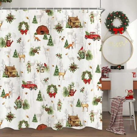 Newhomestyle Christmas Shower Curtain, Red Retro Truck Carrying Xmas Tree Fox and Squirrel Pine Nut Vintage Farmhouse Style Illustration Bathroom Shower Curtains Decor 72x 72 Inches