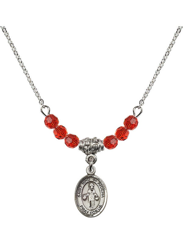 18-Inch Rhodium Plated Necklace with 4mm Topaz Birthstone Beads and Sterling Silver Saint Nino de Atocha Charm.