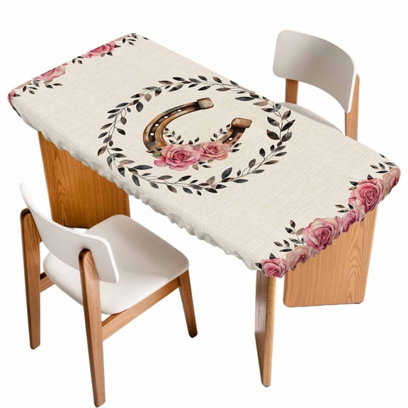Pink Roses Table Cloths for 5 Foot Rectangle Tables, Spring Horseshoes Floral Leaves Rustic Patio Waterproof Elastic Fitted Tablecloths, Washable Rectangular Table Cover for Camping