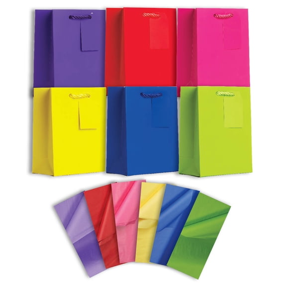 Jillson & Roberts Solid Color Matte Small Gift Bag & Tissue Assortment, Primary (6 Bags)