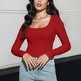 thumbnail image 2 of cfhntfmh Going out Tops for Women Fashion Square Neck Long Sleeve Cropped Tops Slim Ribbed Workout Yoga Basic T-Shirts, 2 of 7