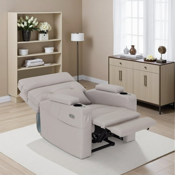 BarberPub Lay Flat Power Recliner with Hidden Arm Storage, Swivel Tray Table, PU Leather, Grey