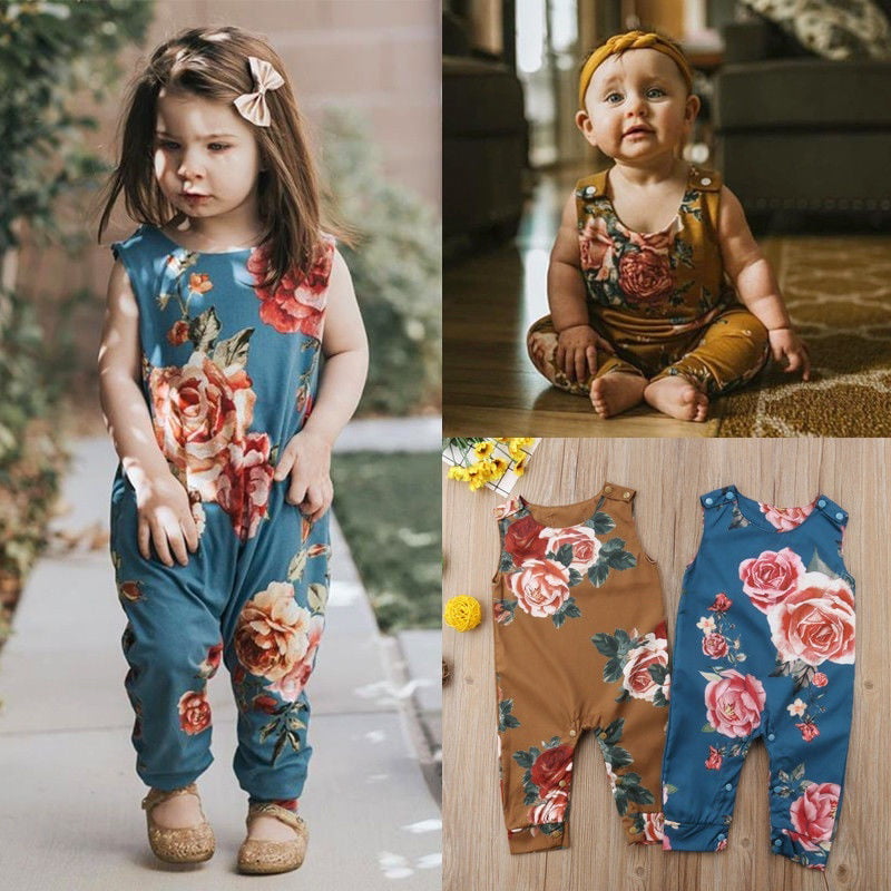 Flowers Toddler Outfits Clothes Girls Rompers Jumpsuit Sleeveless Fawn Printed 