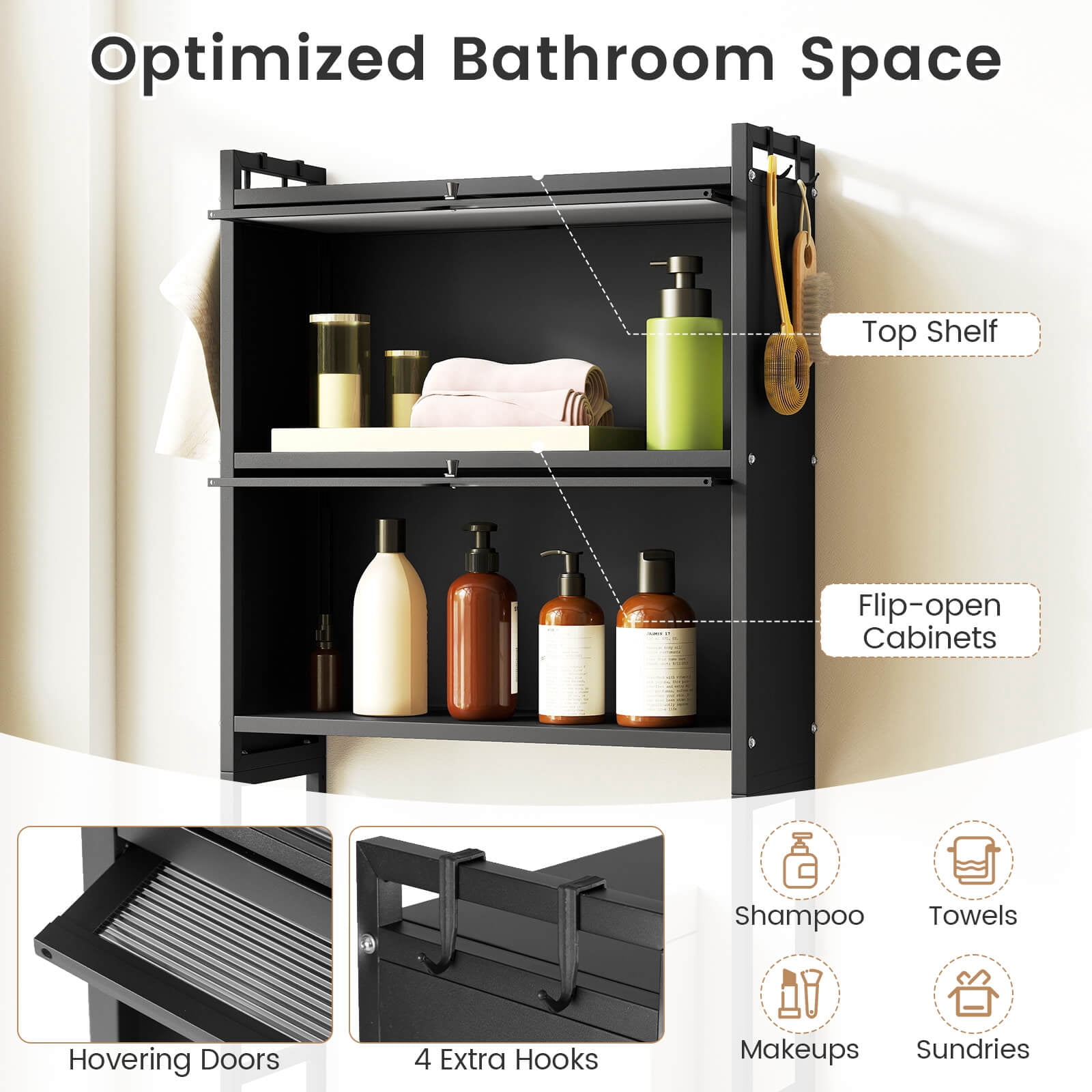 Costway 66” Bathroom Organizer with 2 Flip-up Cabinets, See-through Fluted Doors, 4 Hooks Black