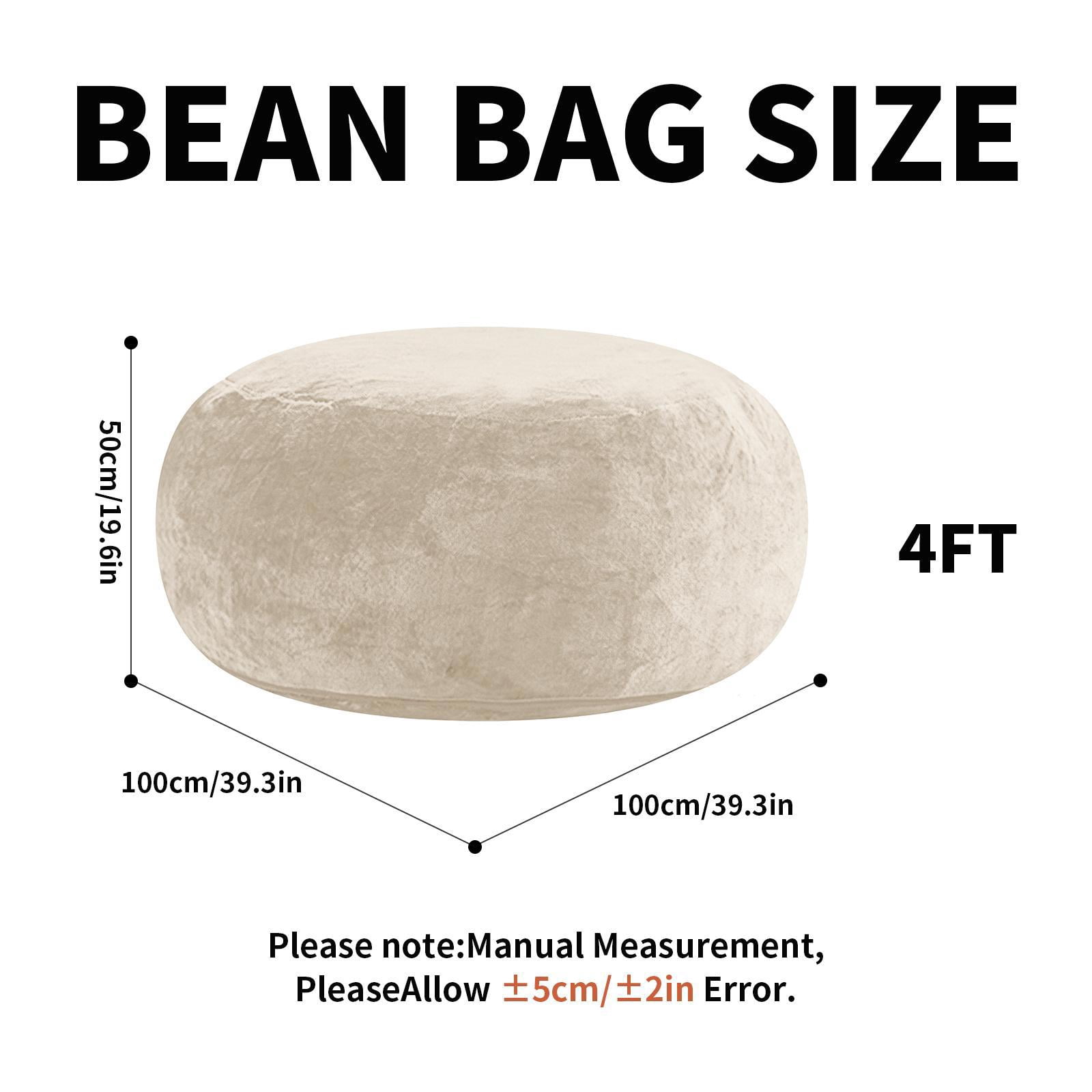Hommoo 4FT Bean Bag Chair, Memory Foam Filling Soft Sofa with Flannel Cover, Round Sofa for Living Room, Bedroom, College Dorm, Beige