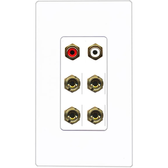 RiteAV 4 Banana (2 Speaker) Binding Post Wall Plate with 2 RCA Jacks (Red White) - 1 Gang Decorative [Screwless White]