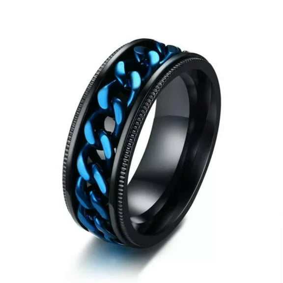 8mm Blue Spinner Chain Band Men's Stainless Steel Wedding Black Ring Size 7-13