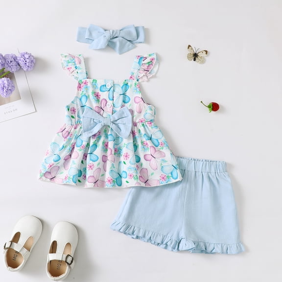 KIMI BEAR 4T Toddler Girl Summer Outfit Set 5T Child Girl Clothing Sets Ruffle Sleeveless Off the shoulder Pullover Top Butterfly Print Tank Top Shorts 2pcs Blue